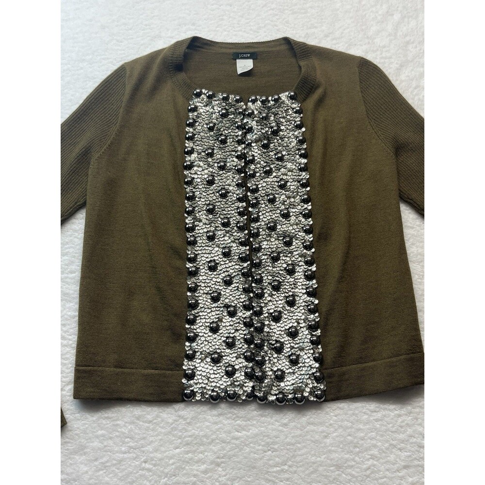 J Crew Collection Cardigan Womens S Olive Sequin Bauble Merino Wool Sweater Rare